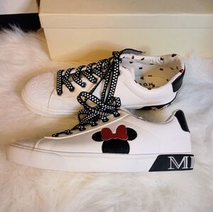 Disney Women's White Sneakers with Black Polka Dot Laces and Red Accents